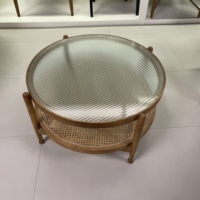 Table basse de salon de style moderne contemporain, cadre rond en bois de frêne massif avec plateau en verre, ensemble de table à thé en rotin