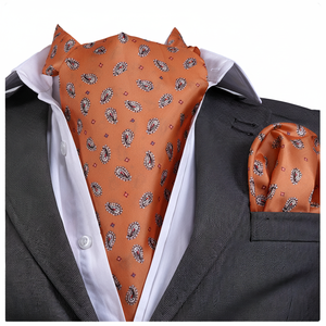 Ensemble de pochettes de costume pour homme en satin 100% soie, motif Paisley orange, tissé, style formel, pour la saison printanière, avec motif Ascot imprimé - Product Image 2