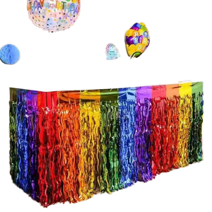 Rainbow Wavy Metallic Foil Tinsel Table Skirt Plastic Party Supplies for Birthday Wedding Bridal Shower Promotional Events