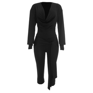 Viviblook J26JP418 Mono de una pieza de manga larga con cuello en V profundo y lazo retorcido, ajuste ceñido, color liso, informal, novedad de otoño para mujer - Product Image 6