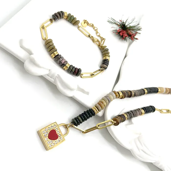 Bijoux fantaisie pierre naturelle yeux de tigre collier serrure pendentif et bracelet ensemble pour les femmes faisant des fournitures
