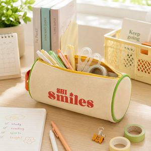 Custom Logo Canvas Cylindrical Pencil Case with Handle, Colorblock Zipper Cosmetic <b>Bag</b> for School Travel and Daily Storage - Product Image 3