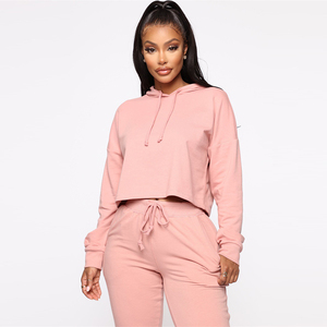 Survêtement à capuche pour femme, ensemble deux pièces, haut court, vêtements <span class=keywords><strong>de</strong></span> sport, essentiels, vente en gros, 2020 - Product Image 2