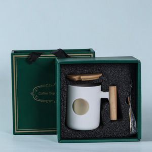 Ceramic Mug With Wooden Handle And Lid Three Piece Set Nordic Style Coffee Milk Cup With Spoon Solid Color Gift Packaging - Product Image 4