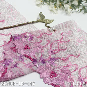 도매 다채로운 인쇄 얇은 명주 그물 19CM 빛나는 핑크 꽃 자수 탄성 스트레치 메쉬 레이스 트림 프랑스 의류 장식 - Product Image 5