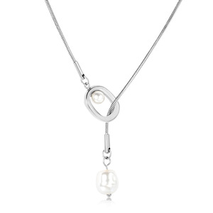 Collier chaîne de pull en acier inoxydable avec pendentif géométrique creux en perle et pompon, style rétro et tendance - Product Image 5