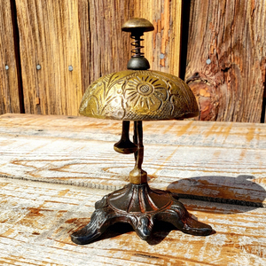<b>Brass</b> Desk <b>Bell</b> with Sculpted Floral Motifs Antique Inspired Tabletop Chime Traditional Home Office Restaurant Cafe Decor - Product Image 1