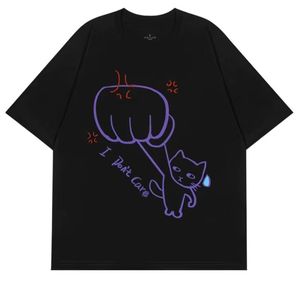 T-shirt a maniche corte in cotone con design creativo e divertente in stile americano, con scritta 'I Don't Care Cat Attitude' - Product Image 1
