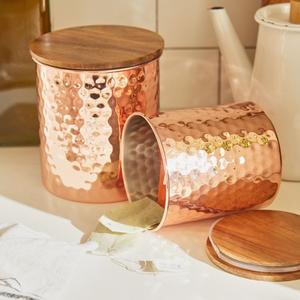 Personalizado Cobre Martelado Selado Pote de Chá De Feijão De Café de Aço Inoxidável 304 Jar Suger Recipientes de Armazenamento De Alimentos com tampa de madeira - Product Image 4