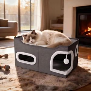 Cama Plegable para Gatos Pawfect con Tumbona Superior y Cueva Oculta, Cama Plegable para Mascotas Medianas, Rectangular, de Tela de Felpa, 15x22x14 - Product Image 2