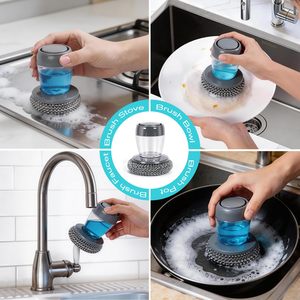 Kitchen Gadgets PET Soap Dispensing Palm <b>Scrub</b> Cleaning <b>Brush</b> Plastic Pot Scrubber Dish <b>Brush</b> With Soap Dispenser - Product Image 5