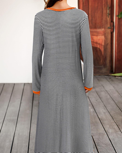 Robe longue à manches longues rayée pour femmes, robe décontractée à longueur de cheville avec poches, col <span class=keywords><strong>rond</strong></span>, bordure contrastée, printemps, automne, usage quotidien - Product Image 4