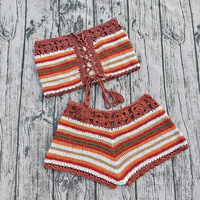 Set Bikini Rajut Dua Warna, Tube Top dan Celana Pendek Boyleg, Ukuran S-L