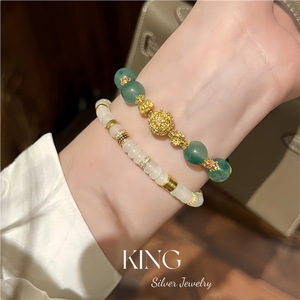 Jadeite Butterfly <b>Bracelet</b> S925 Sterling Silver Gold Plated Green <b>Beads</b> Women Everyday Wear - Product Image 2