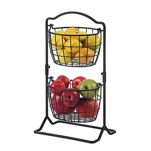 Black Metal Wire 2 Tier Round Kitchen Basket Stand Countertop Fruit Storage Basket Storage Holder for Kitchen Pantry Household