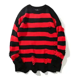 Black Red Striped Ripped Washed Destroyed Sweater Crew Neck Men Hole Knit Jumpers Men Women Oversized Sweater Men