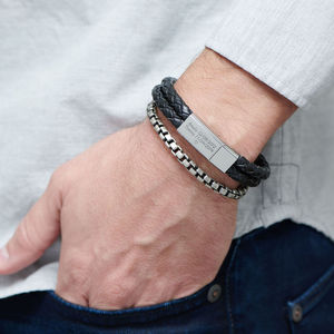 Bracelet en cuir véritable à Double couche pour hommes, en cuir véritable, gravé et personnalisé, plaqué or, noir - Product Image 6