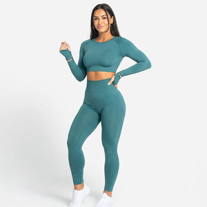 Teal Green Women Seamless Yoga Set <b>Long</b> Sleeve Crop <b>Top</b> with Thumb Holes and High Waist <b>Leggings</b> Breathable Gym Fitness Wear - Product Image 1