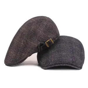 Vente en gros de bérets en tweed pour hommes, casquette plate à carreaux, chapeau de lierre pour l'automne et l'hiver