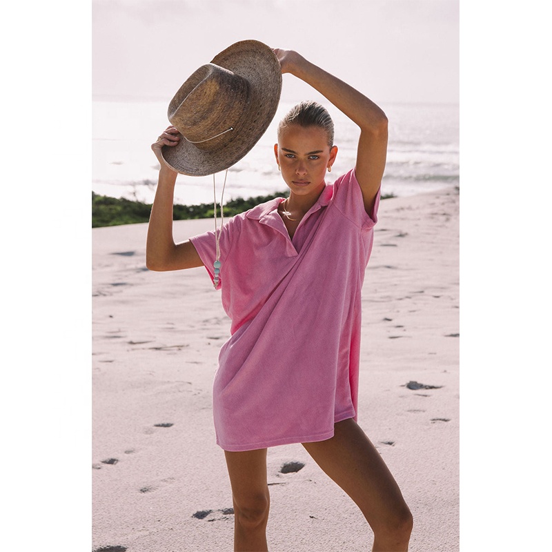 Women's Cotton Polo Mini Dress – Short Sleeve Beach Dress in Pink,  Breathable and Soft for Summer Wear, Available in All Sizes