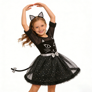 <span class=keywords><strong>Costume</strong></span> da <span class=keywords><strong>Gatto</strong></span> Nero per Ragazze per Halloween, Abito da Spettacolo con Gonna Voluminosa, Vestito Pomposo Nero - Product Image 5