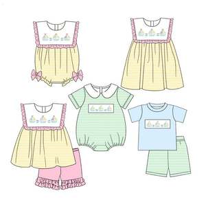 Conjunto de Ropa de Bebé de Boutique para Verano, en <span class=keywords><strong>Azul</strong></span> <span class=keywords><strong>Claro</strong></span> con Rayas y Bordado de Pato Mallard, Trajes a Juego para Hermanos (Pre-Orden) - Product Image 4