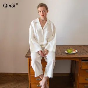 QINSI pijama kadın 2 parça Set rahat gevşek moda uzun kollu pijama 2022 bahar avrupa amerikan pamuk keten pijama