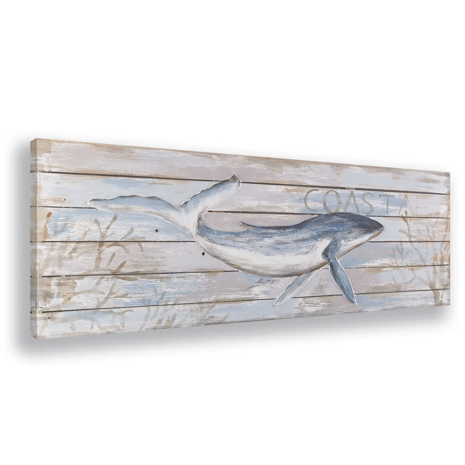 Tela con stampa a pannello in legno delfino blu oceano e bianco con struttura di pittura a mano dell'artista per la decorazione del soggiorno pronta da appendere