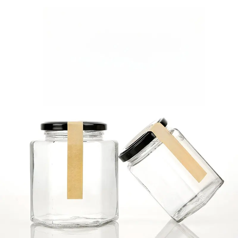 Satu Catty enam sisi tebal transparan botol kaca heksagonal aluminium tutup sekrup disegel botol madu Jam buah kaca Jar180ml