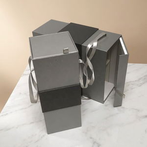 Grey Rigid Gift <b>Box</b> With Handle And Ribbon Rectangle Shape For Craft And <b>Present</b> Packaging - Product Image 2
