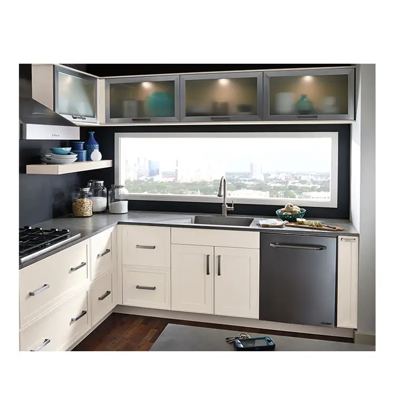 French Gray Kitchen with Oak Laminate Cabinets