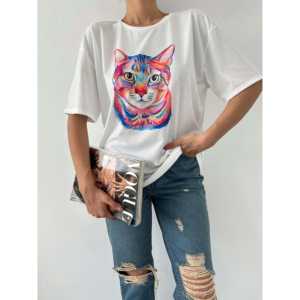Camiseta básica de algodón estampada para mujer, manga regular, jersey transpirable, diseño de gato blanco - Product Image 5
