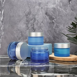 Crème pour le visage, crème pour les yeux, 30g, 50g, 60g, soin de la peau, pot en verre bleu givré avec couvercle en plastique argenté - Product Image 1