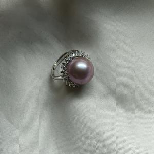 Bague élégante en argent S925 avec grande perle ronde violette de 13 à 14 mm, bijoux de luxe - Product Image 3