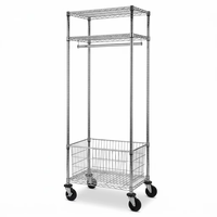 Chariot de blanchisserie mobile en chrome avec tringle de suspension, 4 étagères et roulettes pivotantes pour hôtels et entretien ménager