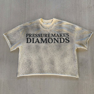Huili Vintage Wash 100% Baumwolle Schwergewicht T-Shirts individuell bedruckte Doppels chicht Rundhals ausschnitt Männer Raw Hem <span class=keywords><strong>Cropped</strong></span> Strass T-Shirt - Product Image 1