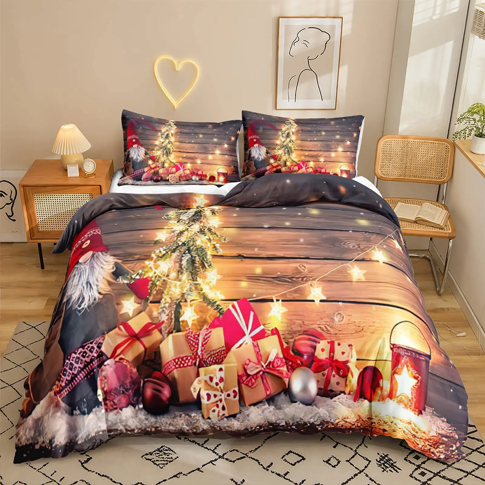 Set Selimut Penutup Natal Gnome Ukuran Ratu 3 Buah Selimut Penutup Tempat Tidur Sinterklas Natal dengan 2 Sarung Bantal