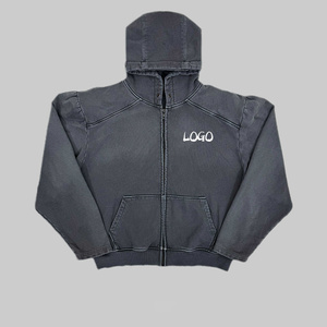Fabricant de vêtements en gros – Sweat à capuche zippé noir vintage délavé à l'acide, coupe ample, 500 g/m² en coton, pour homme - Product Image 1