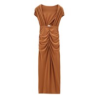 Robe Midi Femme PB&ZA 2024 Nouvelle Collection Chic et Tendance avec Design Ouvert et Plissé, Style Vintage Sans Manches