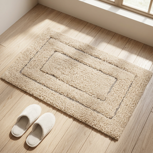 Softa Beige Border Recycled Cotton <b>Rug</b> Handwoven Bathroom Floor Mat 45x75 cm - Product Image 3