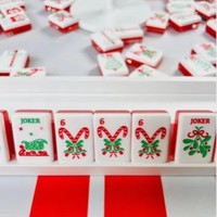 Tuiles de Mahjong de Noël Rouge Joyeux Noël Modernes 160 Tuiles Acryliques Peintes à la Main 3 Couches Jeu Familial de Luxe Portable Divertissement