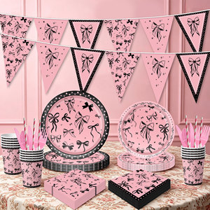 Vajilla Rosa y Negra con Lazo, Decoración Coqueta para Cumpleaños, Platos Desechables para Niñas, Baby Shower, Despedida <span class=keywords><strong>de</strong></span> Soltera - Product Image 2