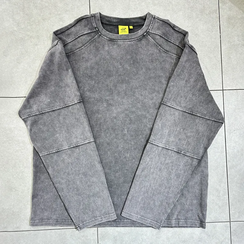 Custom Streetwear Ronde Hals Vintage Oversized T-Shirt Unisex Acid Wash Lange Mouw T-Top Man