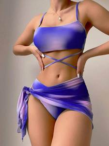 Women Bodysuit Bathing Suits Wholesale 3 Piece <strong>Bikini</strong> Swimwear Beachwear Cover up <strong>Sarong</strong> Tie up Set SwimsuitBikini Swimsuit - Product Image 4