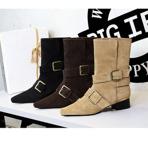 Retro Western Style 2026 Pointed Toe Belt Buckle Thick Heel Suede Fashion Women's Ankle <b>Boots</b> - Product Image 2