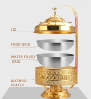 Plat de service rond de luxe en acier inoxydable doré de 8 L, chauffe-plat à alcool pour buffet avec couvercle suspendu pour fêtes et hôtels