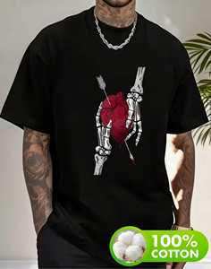 T-shirt Unisex con Stampa Teschio che Tiene un Cuore, in Cotone Morbido, Vestibilità Comoda, Casual, Manica Corta, Girocollo, Lunghezza Regolare, Logo Frontale - Product Image 3