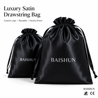 Pochette en satin de soie noire personnalisée avec cordon de serrage, pochette pour extensions de cheveux avec logo personnalisé pour cadeaux
