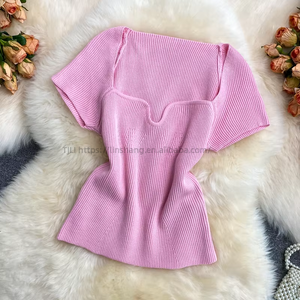 Women's Short Sleeve Square Neck Knit <b>Top</b> Short T-Shirt Fashion - Product Image 3