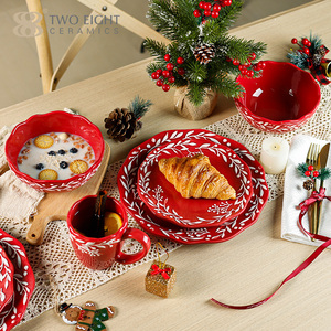Red Flower Rim Design 16 Pcs Christmas Dinnerware Set for 4 Person Hote Sale Porcelain Plate Set <strong>Dinnware</strong> Ceramic Dish Plate Set - Product Image 4